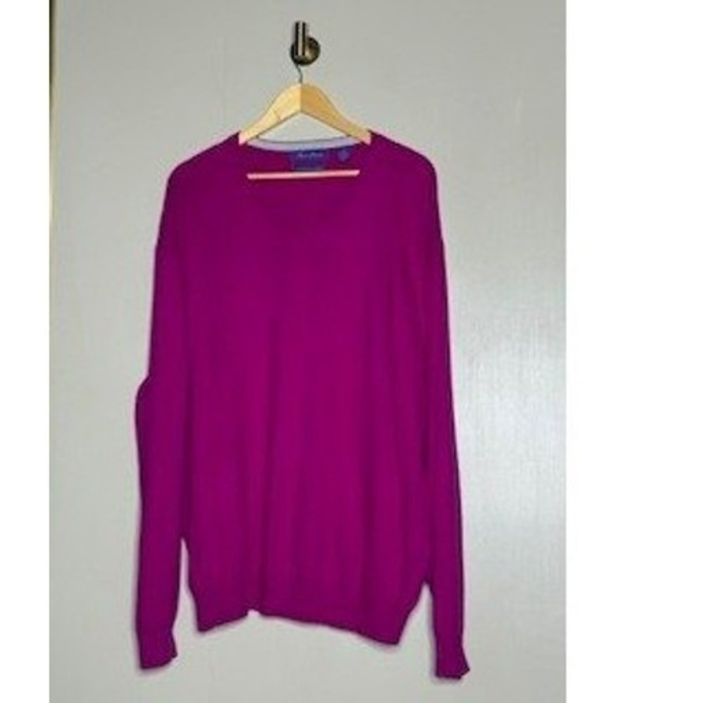 Allen Flusser Cotton V Neck Sweater Men's XXL Magenta Pink Lightweight Knit